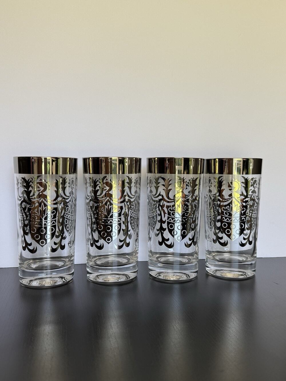 Set Of 4 MCM Kimiko Knight Shield Silver Highball Glasses Barware Vintage 1960s